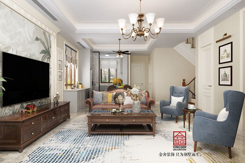 西山林語(yǔ)下疊噴繪260平美式風(fēng)格裝修效果圖